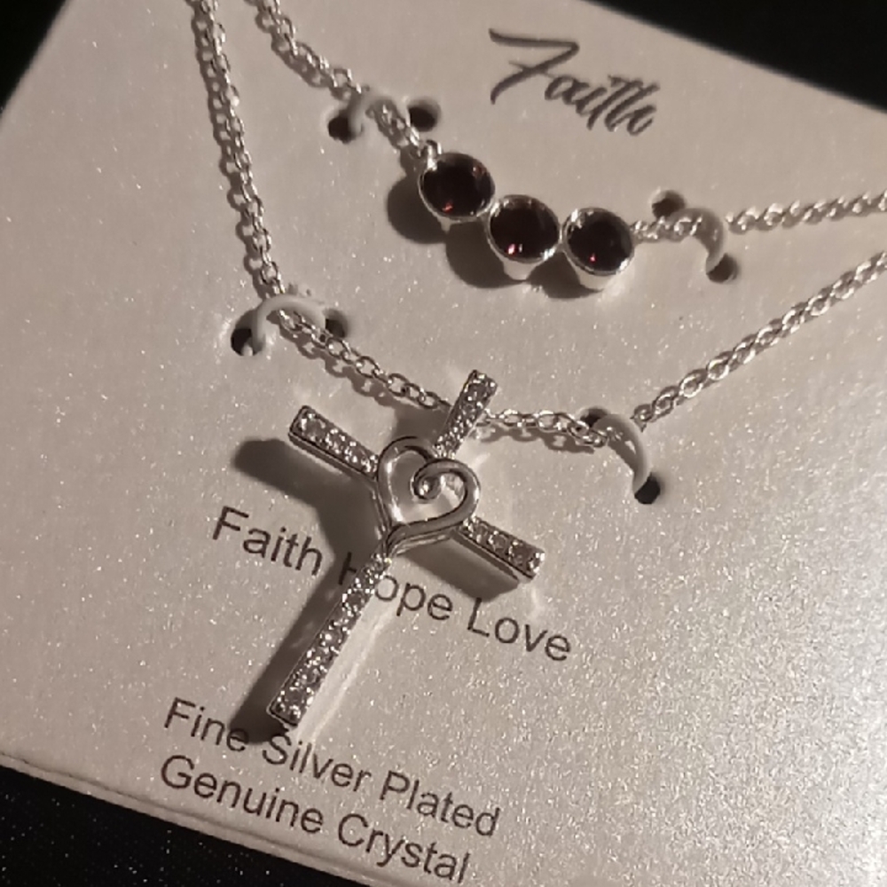 Faith Silver Plated layered Necklace genuine crystals & cross with crystals